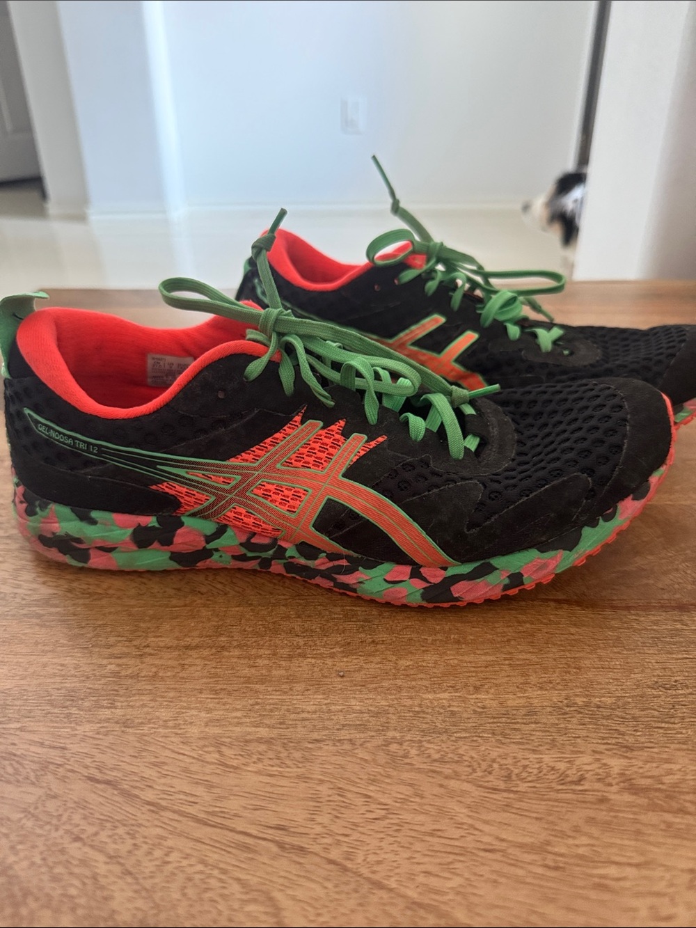 Asics men’s  Black Sneakers with Green Laces and Neon Coral Accents